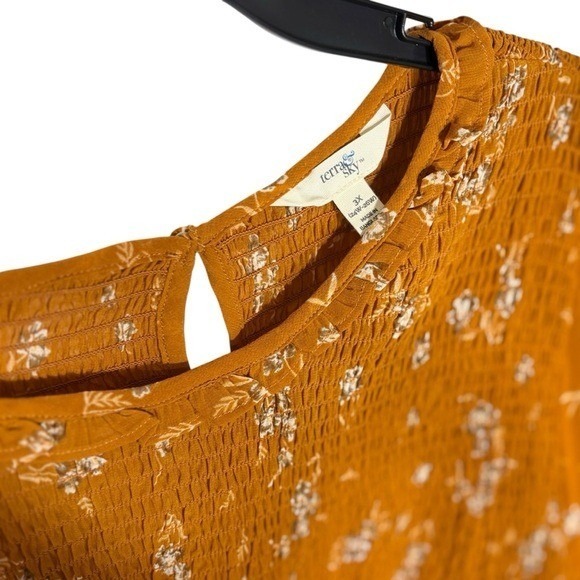Terra Sky Women's Plus Size 3X Mustard Floral Smocked Long Sleeve‎ Blouse Top - Picture 3 of 5